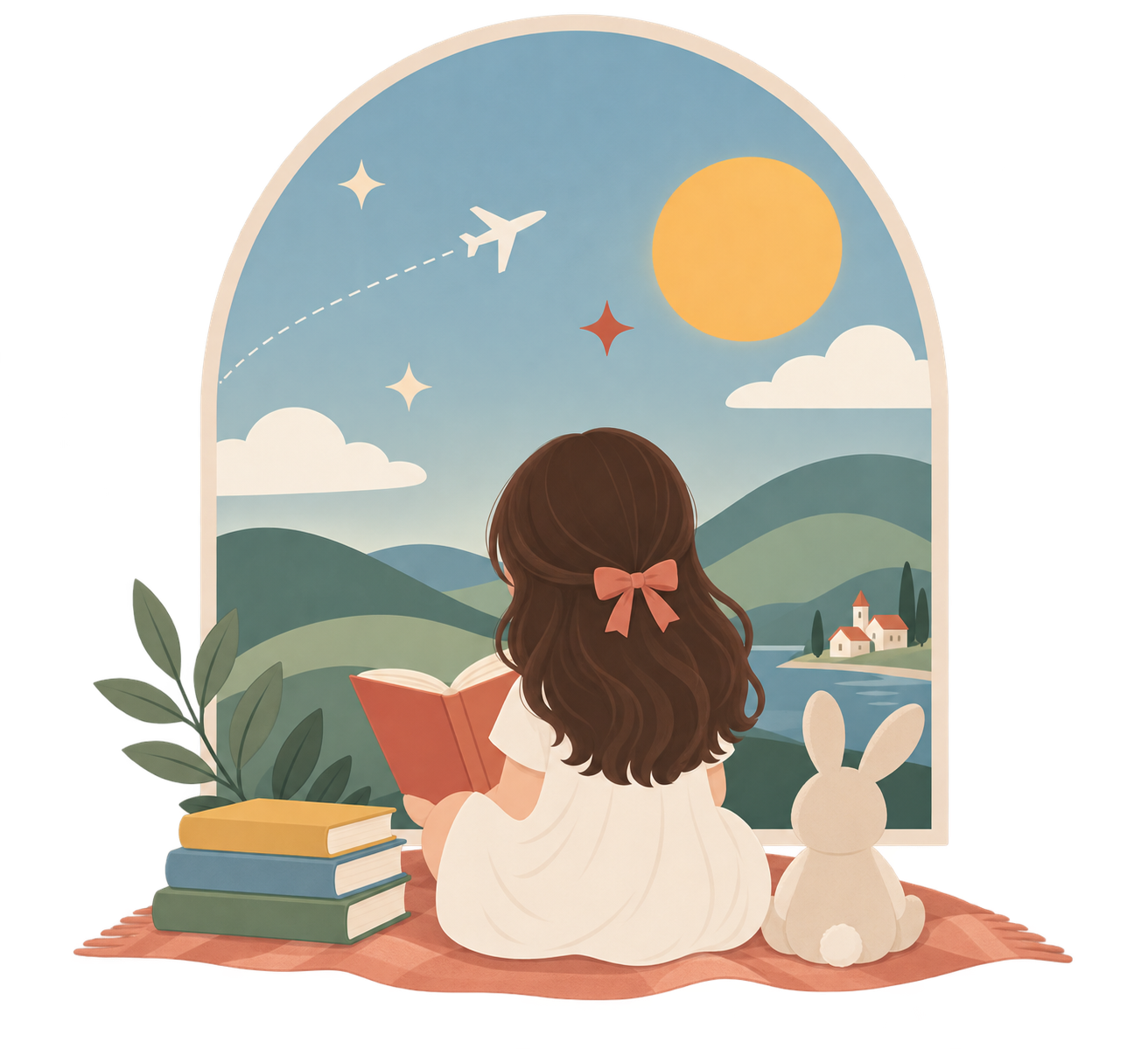 girl reading a book from a window